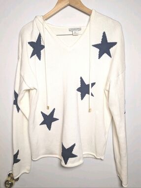 Rachel Zoe Sweater Hoodie Knit Ivory W/Navy Stars Women Size Large Coastal
